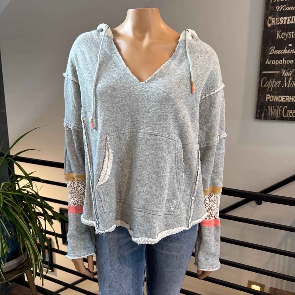 Free People FP Movement Dream Catcher Crochet Lace Distressed Hoodie Grey S